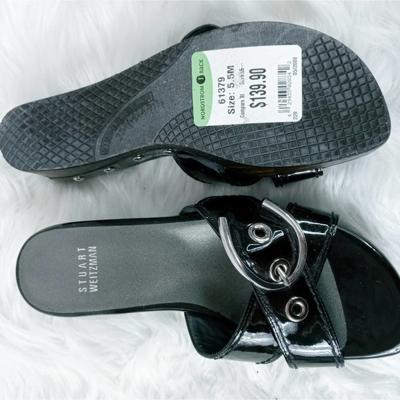 NWT STUART WEITZMAN Black Patent Leather Horse Bit Buckle Wood Sole Sandals 5.5 - Picture 5 of 16